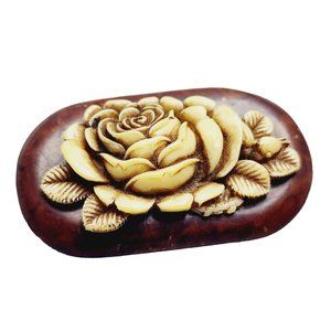 Vintage Wood Carved Celluloid Floral Brooch (A1086)